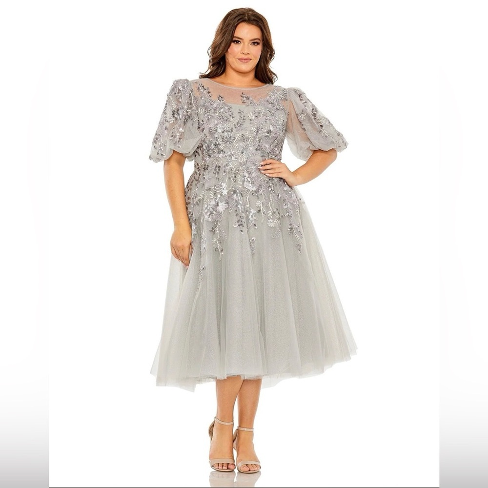 Mac Duggal Silver Embellished Tulle Tea-Length Wedding Dress